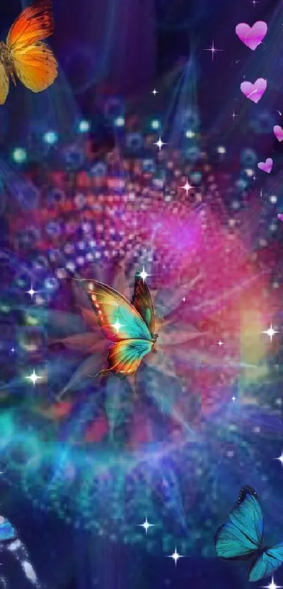 Vibrant butterfly fantasy wallpaper with a deep blue cosmic background.