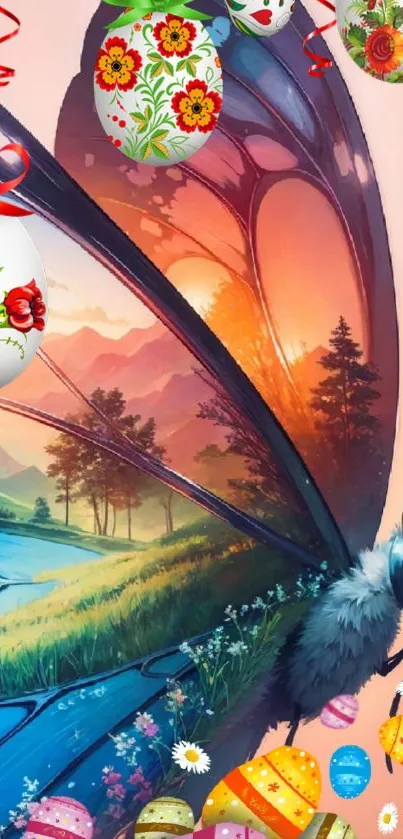 Colorful butterfly with spring-themed designs.