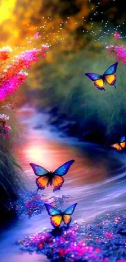 Vibrant butterflies flutter over a scenic stream with colorful flora.