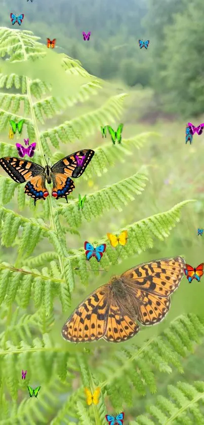 Vibrant butterflies on lush green fern leaves in a serene nature setting.