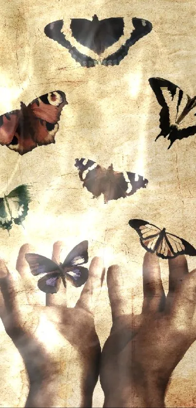 Hands releasing butterflies with vintage art style.