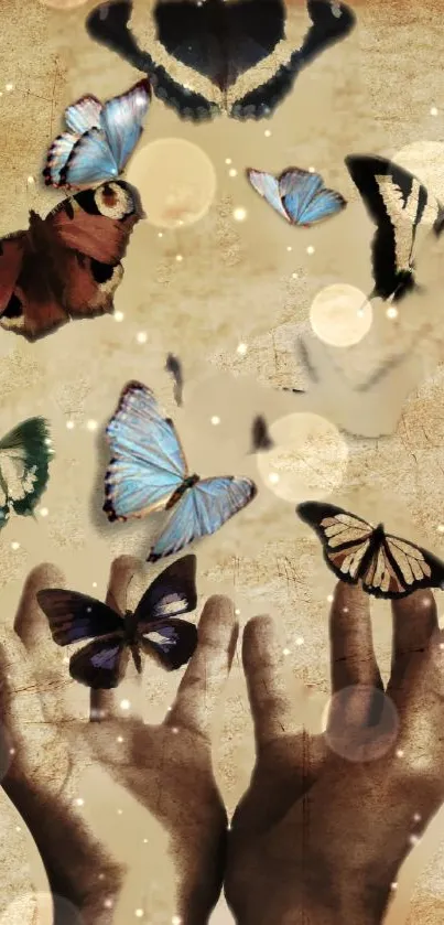 Hands releasing colorful butterflies on a textured background.