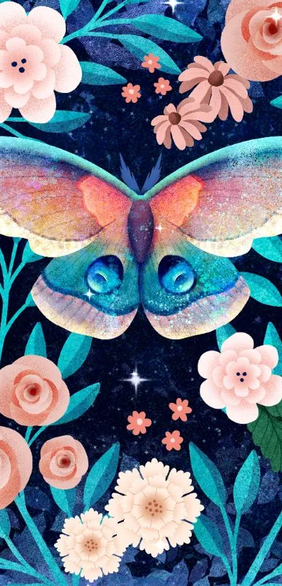 Vibrant butterfly with flowers on navy background wallpaper.