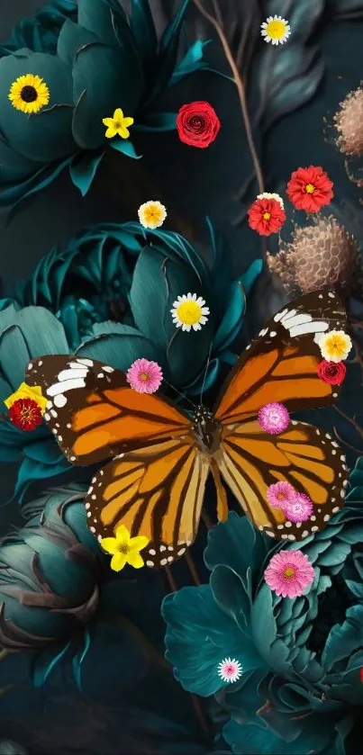 Vibrant wallpaper with an orange butterfly and teal flowers.