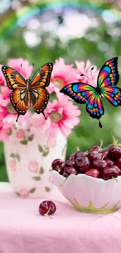 Butterflies over pink flowers with cherries in bowl.