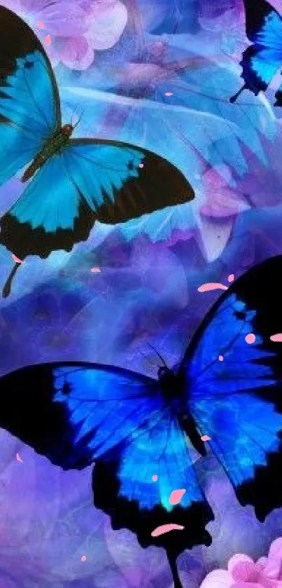 Blue butterflies with purple flowers wallpaper.