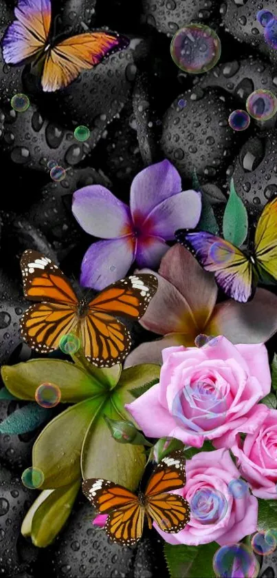 Vibrant butterflies and flowers on dark textured background mobile wallpaper.