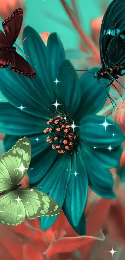 Vibrant teal flower with butterflies mobile wallpaper.