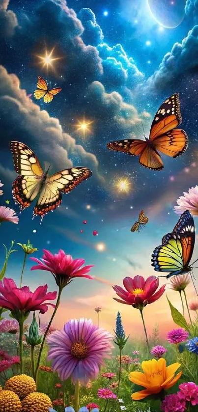 Butterflies and flowers under a vibrant, starry sky.