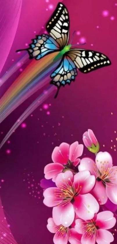 Colorful butterfly with pink blossoms on a magenta background.