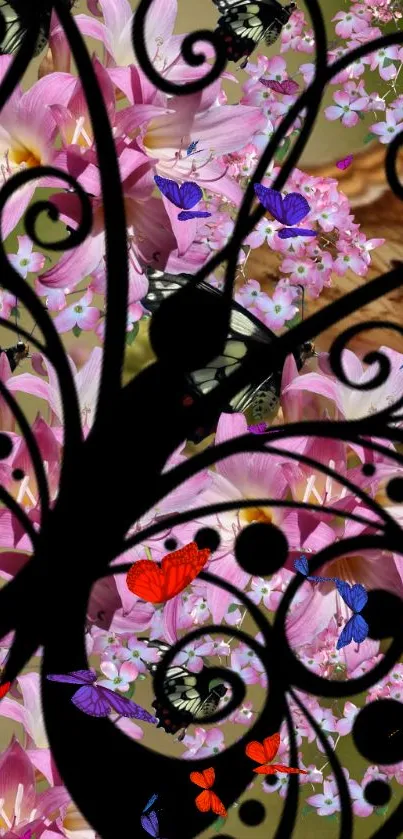 Mobile wallpaper with butterflies, floral design, and swirls in vibrant colors.