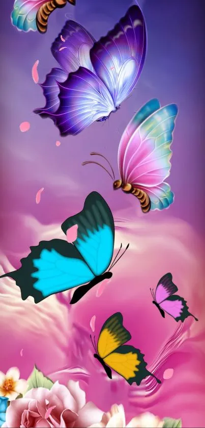 Vibrant wallpaper featuring butterflies and flowers with pink and purple hues.
