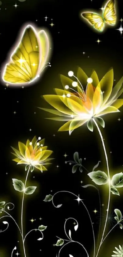 Yellow butterflies and flowers glow against a dark background, creating a mystical scene.