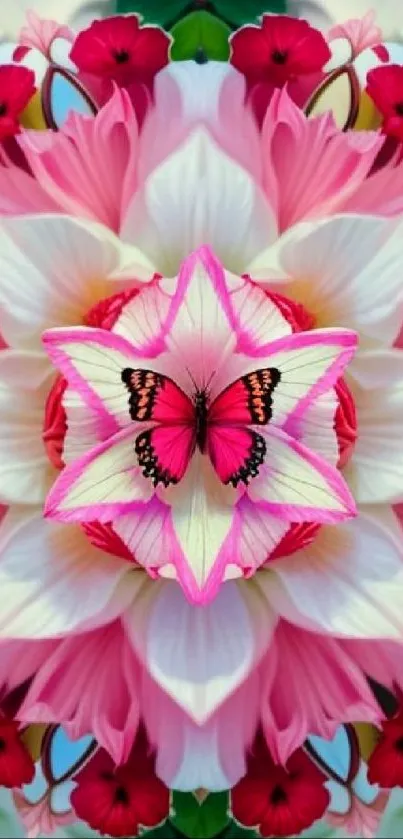 Kaleidoscope of pink flowers with central butterfly design.