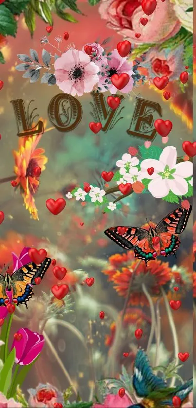 Colorful butterfly and floral love wallpaper with vibrant coral hues.