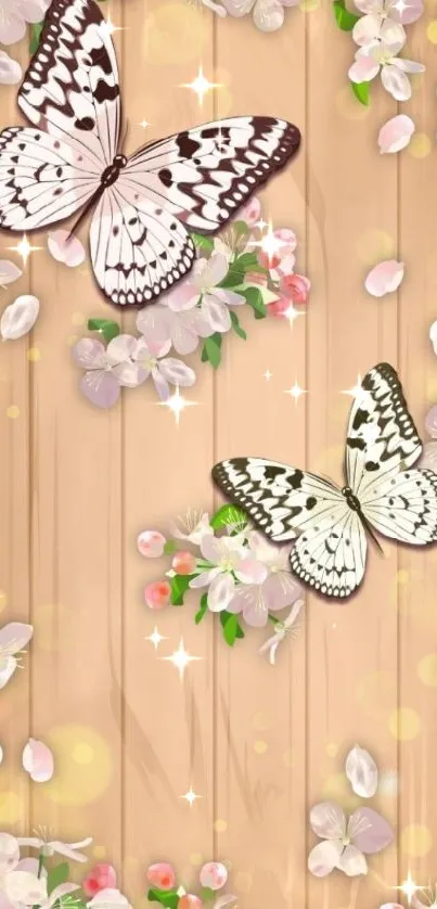 Butterflies and flowers on wood background in pastel hues.