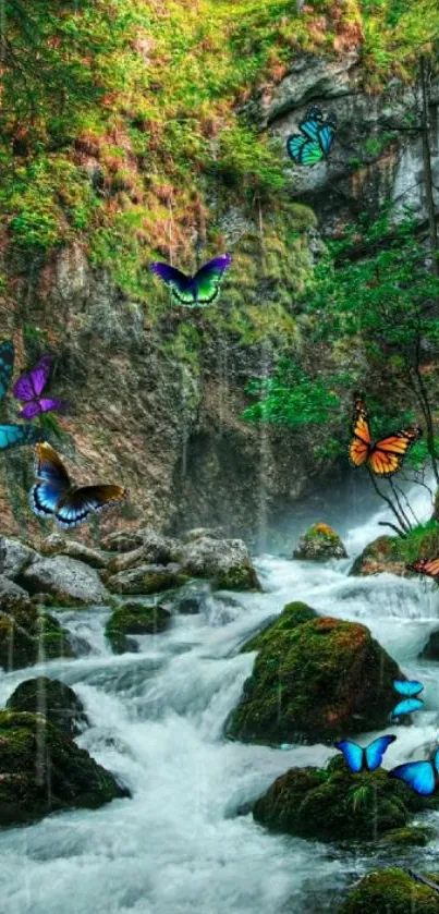 Vibrant forest wallpaper with butterflies over a waterfall.