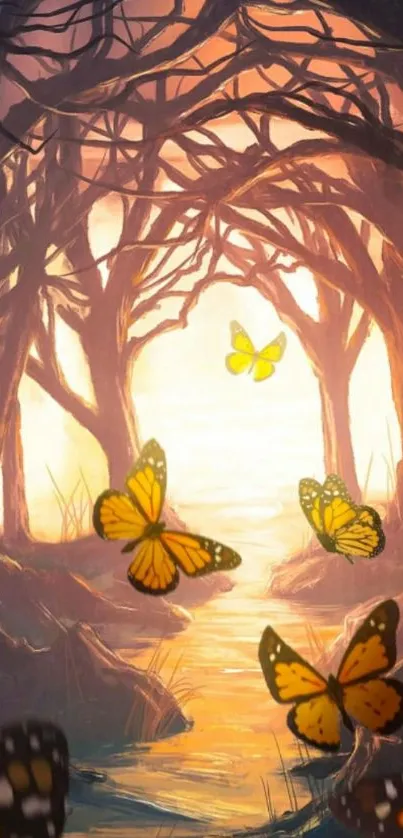 Colorful butterflies in forest at sunset, mobile wallpaper.