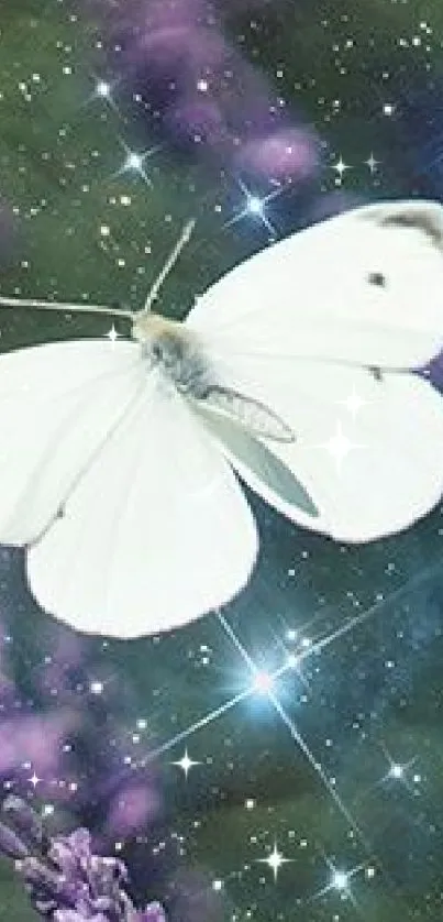 Surreal wallpaper of a butterfly in a galaxy with lavender flowers.