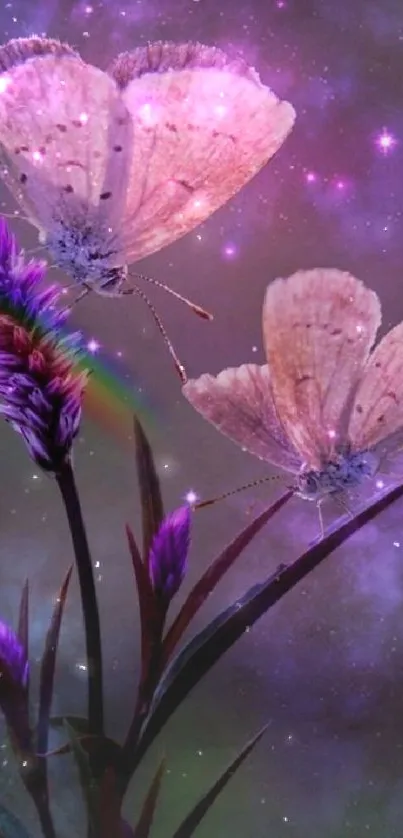 Two butterflies on cosmic purple background with stars.