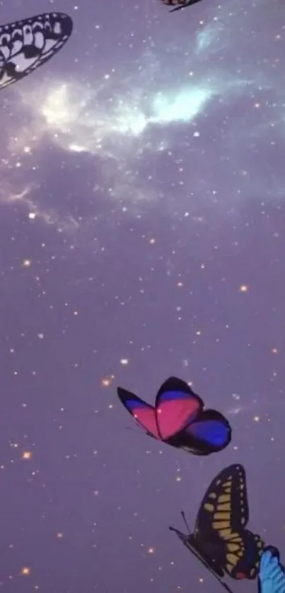 Vibrant butterflies float in a galaxy-themed wallpaper.
