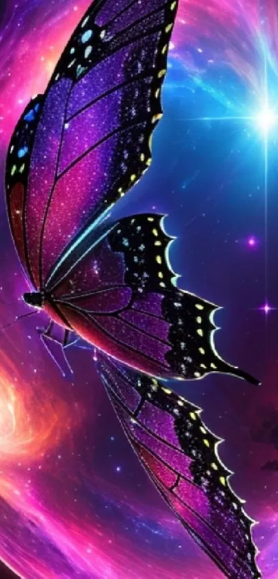 A vibrant purple butterfly soars through a colorful cosmic galaxy landscape.
