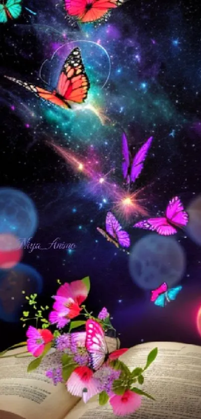 Colorful butterflies flutter over a galaxy with vivid stars and flowers on book.