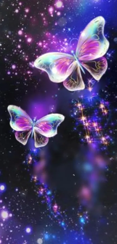 Colorful butterflies in a vibrant galaxy design for mobile wallpaper.