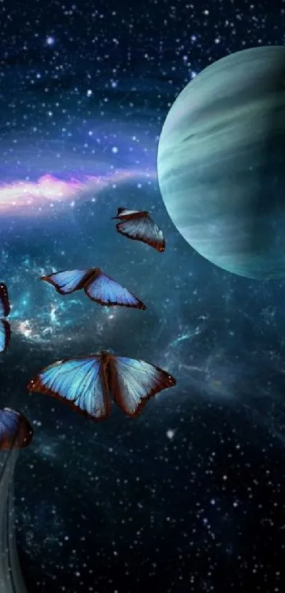 Butterflies fluttering in a galaxy with planets.