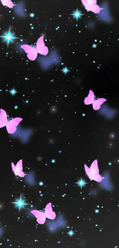 Mobile wallpaper with purple butterflies and stars on a black background.