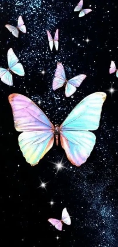 Galaxy wallpaper featuring luminous butterflies on a starry black background.