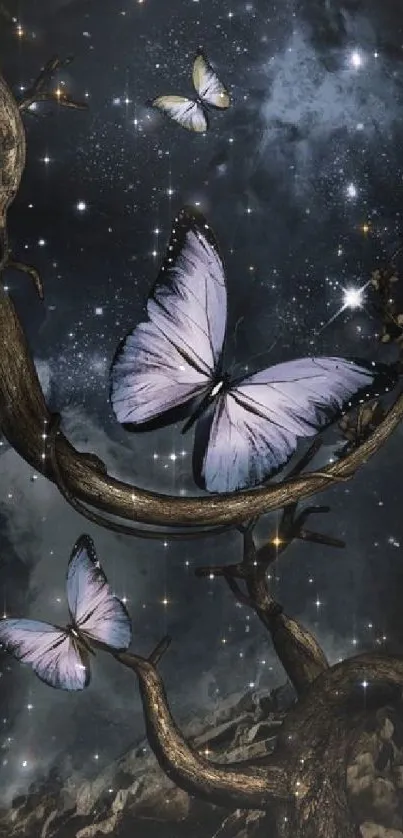 Butterflies fluttering in starry night sky with dark branches.