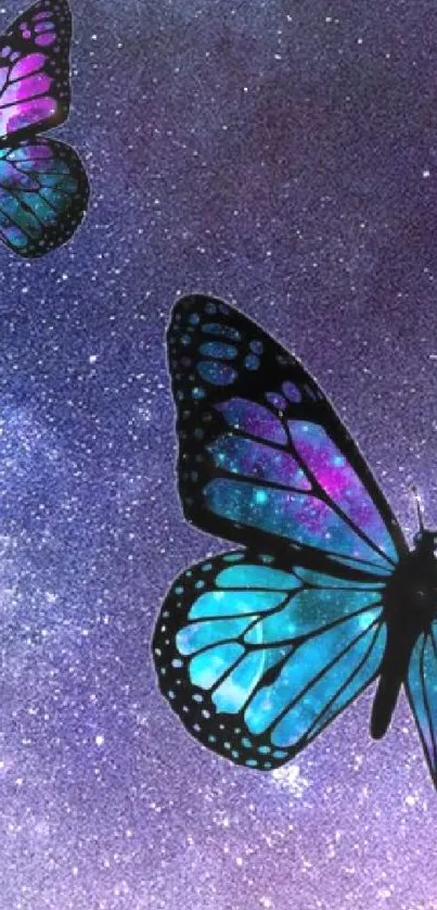 Vibrant butterflies against a galaxy backdrop in shades of blue and purple.