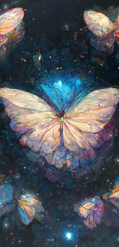 A cosmic wallpaper featuring butterflies glowing in a starry galaxy.