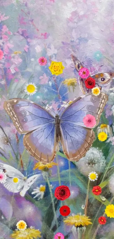 Blue butterfly amidst colorful flowers and pastel background.