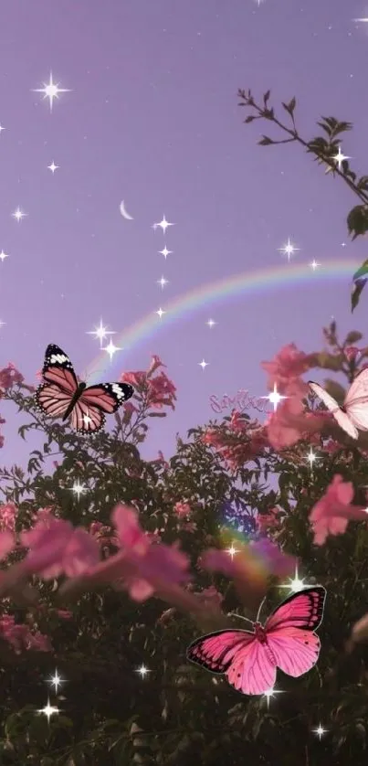 Butterfly garden with pink flowers and twilight sky.