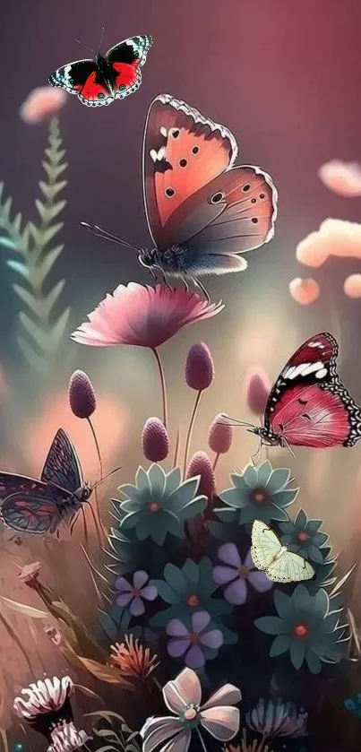 Colorful butterflies fluttering above dreamy flowers in a whimsical scene.