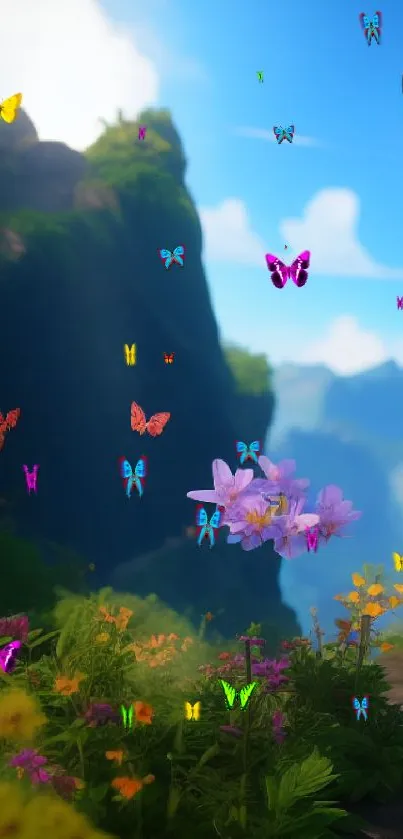 Colorful butterflies and flowers in a mountain garden wallpaper.