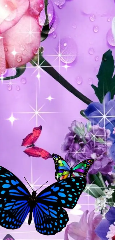 Lilac floral wallpaper with vibrant butterflies.