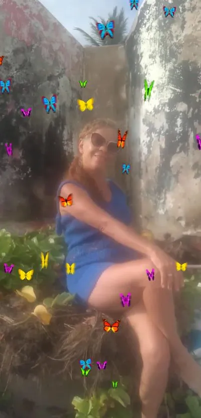 Woman in garden with colorful butterflies.