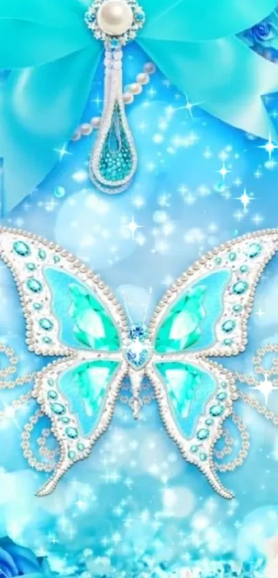 Teal butterfly wallpaper with gems and flowers.