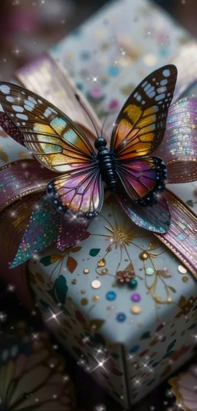 Colorful butterfly on a decorative gift box with sparkling effects.