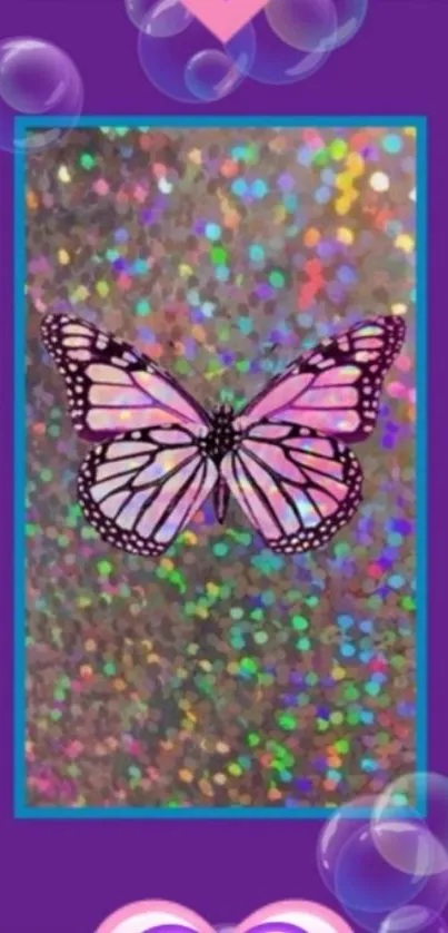 Vibrant butterfly on a glittery background with heart accents for a lively wallpaper.