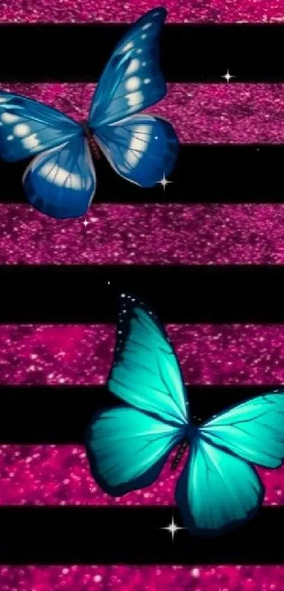 Blue butterflies on a pink glitter background with black stripes.