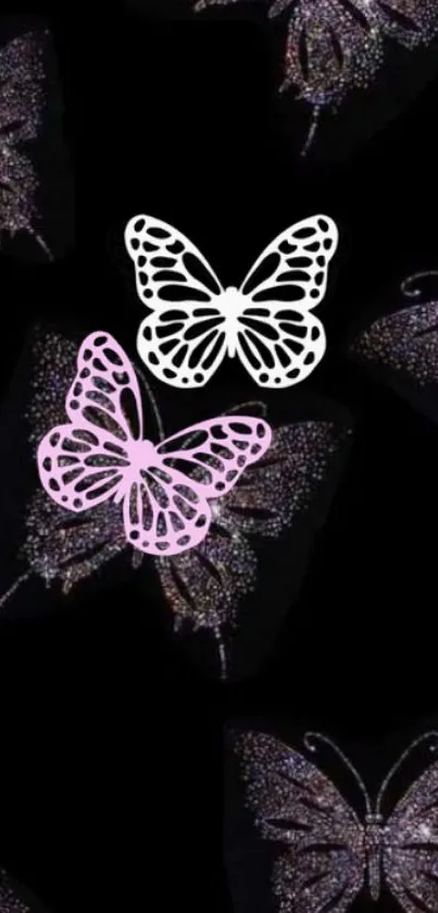 Shimmering butterfly wallpaper with pink and silver accents on a black background.