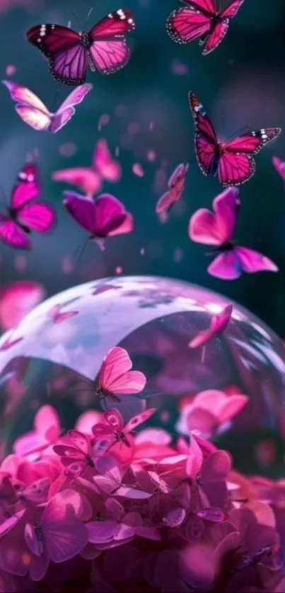 Purple butterflies rising from a magical globe on a mobile wallpaper.