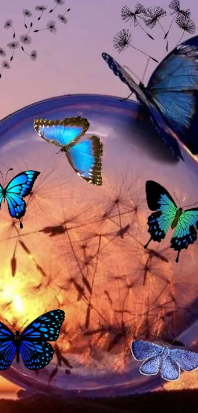 Vibrant butterflies on glowing globe at sunset, creating a serene artistic view.