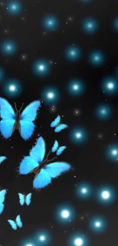 Glowing blue butterflies over a dark background with light dots.