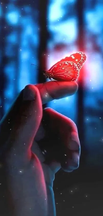 Hand holds a glowing butterfly in a mystical forest night scene.