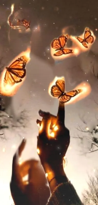 Glowing butterflies in the night sky with a magical touch.